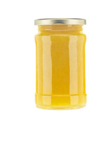 Jar of lemon jam isolated on white background.