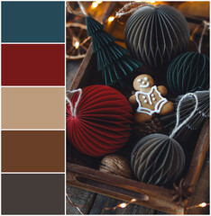 Design palette colour swatch inspired by cozy Christmas still life with handmade craft decor....