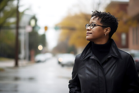 A middle-aged African-American woman in a black jacket and glasses poses on the street. Black History month