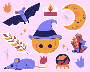 Stickers of magic and Halloween items - pumpkin with magic hat, crystal ball, crescent moon, cluster of crystals, burning candle, bat, mouse, branch of autumn leaves. Flat style. Vector illustration
