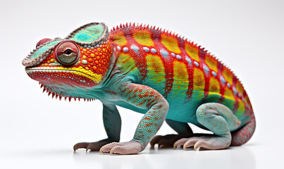 A colorful chameleon sits on a white background. - obrazy, fototapety, plakaty