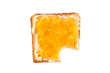 Take a bite toasted bread with orange jam, isolated on a white. Top view . Bitten toast with orange...