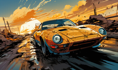 Racing car in graphic novel and comic style.