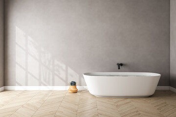 modern contemporary gray bathroom with white bathtub.