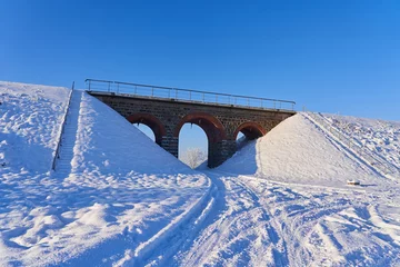 Blackout curtains Landwasser Viaduct Winter viaduct after heavy snowfall. The concept of transport communication during winter