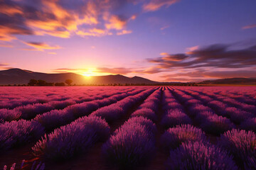 lavender field at sunset, generative ai