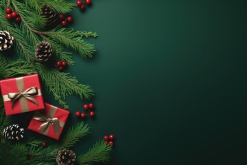 Christmas background with fir branches, red berries and gift boxes on green background