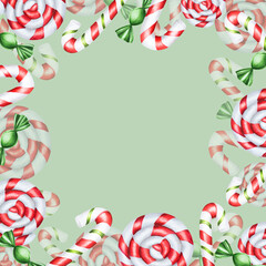 Fototapeta na wymiar Watercolor frame with christmas candy canes illustration. New year hand painting lollipop clip art isolated on white background. For designers, food decoration, menu, shop, for postc