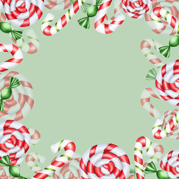 Watercolor frame with christmas candy canes illustration. New year hand painting lollipop clip art isolated on white background. For designers, food decoration, menu, shop, for postc