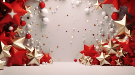 Christmas background with red and gold stars and confetti.