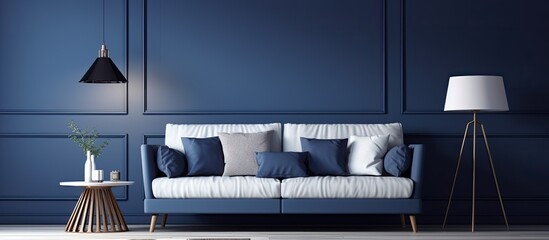 Contemporary living room with dark blue and white wall panels incorporating various home objects such as sofa and lamp.