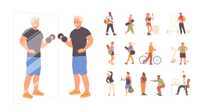 Sport people big set with athlete and sportsman, fitness woman and obese people of different age