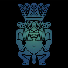 Figurine of ancient Egyptian dwarf god Bes. Blue silhouette on black background.