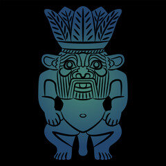 Figurine of ancient Egyptian dwarf god Bes. Blue silhouette on black background.