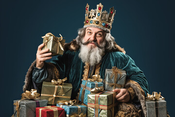 rey mago de oriente Melchor rodeado de paquetes regalo y sosteniendo uno en su mano, sobre fondo verde - obrazy, fototapety, plakaty