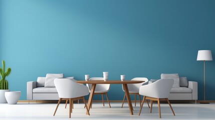 Modern interior design, empty living room, blank blue wall, dining room with table and chairs, copy space, 16:9