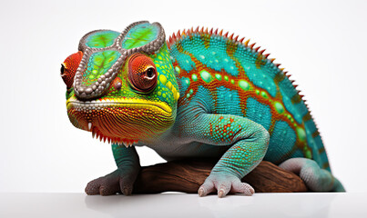 Obraz premium A colorful chameleon sits on a white background.
