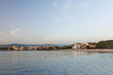 Fototapeta premium Coastline with hotels early in the morning in Avsallar, Turkey.
