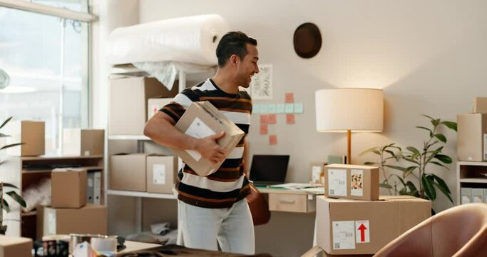 Dance, business and man with celebration, boxes and excited with achievement, fashion designer and opportunity. Person, employee and ecommerce with energy, success and company sales with promotion - Powered by Adobe