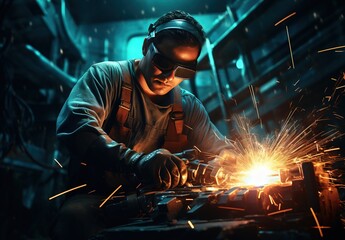 welder is welding metal in dark room , industry them bokeh and sparkle background, Generative Ai - obrazy, fototapety, plakaty