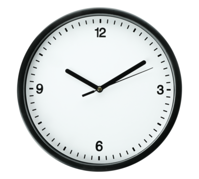 Wall clock on transparent background. Circle clock white back drop.