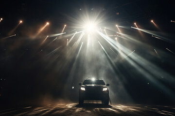 Burning car headlights in the dark in the rays of spotlights. - obrazy, fototapety, plakaty