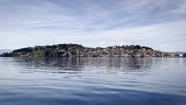 View at old Ohrid village from the boat, Lake Ohrid, North Macedonia