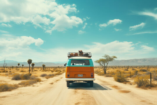 Colored retro travel van driving away along desert dirt road to the distant mountains on the horizon. Romantic traveling, summer vacation, family holidays concept.