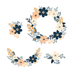 Set of cute hand drawn floral wreaths. Vector illustration.