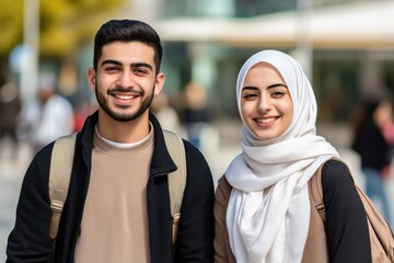 Smiling middle eastern students looking at the camera male and female. - obrazy, fototapety, plakaty