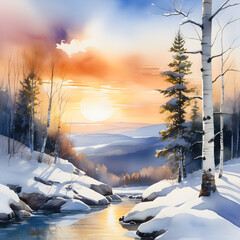 Winter Sunrise. Generate AI.