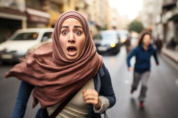 Scared Middle Eastern woman wearing a hijab running in panic in the streets of a middle eastern city