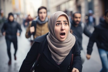 Scared Middle Eastern woman wearing a hijab running in panic in the streets of a middle eastern city