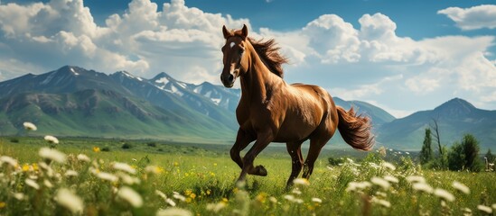 vast and open meadow, a beautiful stallion galloped freely, showcasing the breathtaking beauty of the countryside, as the grass whispered beneath his powerful hooves during an exhilarating horse