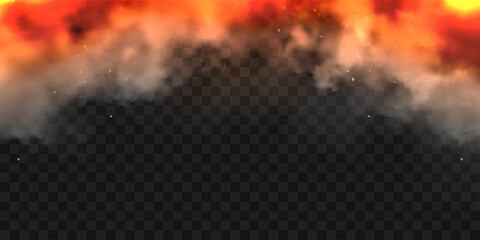 Realistic smoke clouds and fire. Flame blast, explosion. Stream of smoke from burning objects. Forest fires. Transparent fog effect. White steam, mist. Vector design element.