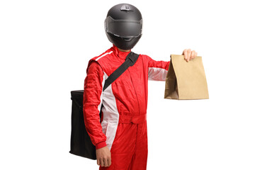 Motorist with a helmet delivering a paper bag