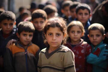 Sad serious middle eastern poor little children in need looking at the camera