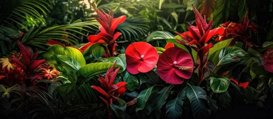 Fototapeten vibrant summer garden, amidst the lush greenery and blooming flowers, a magnificent red tropical plant stands out, its colorful leaves adding a touch of natural beauty to the already stunning floral © TheWaterMeloonProjec
