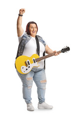 Corpulent young female rocker with an electric guitar gesturing with hand