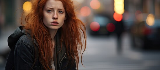 Depressed redhead teen contemplates life, facing unjust situation. Annoyed, burned out, overwhelmed with grief. Frustrated, lonely young woman in city street. - obrazy, fototapety, plakaty