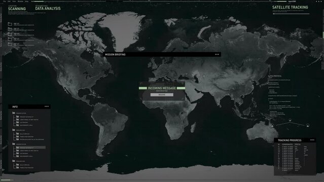 Futuristic target surveillance used by special forces. Futuristic target surveillance is gathering target information. Futuristic target surveillance accessed satellite live feed of examined territory