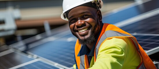 African American technician ensures solar panel maintenance.