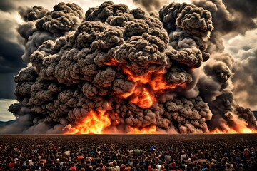 A mass explosion on earth that destroys all of humanity, scary, massive explosion, humans running away from - obrazy, fototapety, plakaty