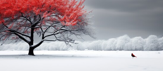 winter, the snow-covered tree stood tall, revealing the white beauty of nature, while a black bird with a vibrant red beak added a pop of colorful contrast to the monochromatic landscape, showcasing
