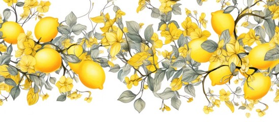 Fresh lemons and leaves top view flat lay on white background