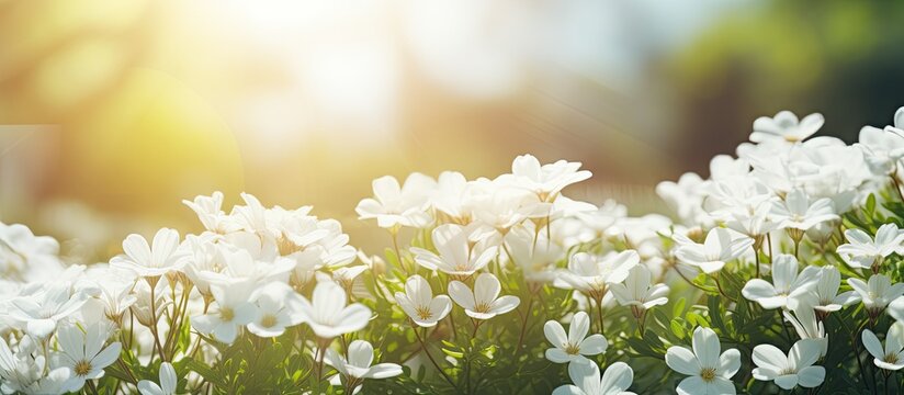 Blooming white flowers surrounded by green nature and shining sun look beautiful.