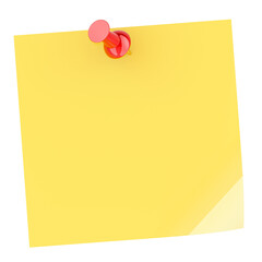 Push pin with blank yellow sticky note, 3D rendering isolated on transparent background