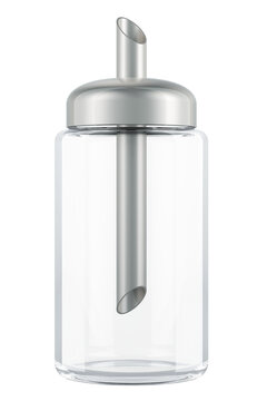 Glass Sugar Dispenser Pourer. Sugar shaker, from clear glass and stainless steel. 3D rendering isolated on transparent background