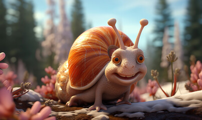 A cartoon snail hurries through the autumn forest. - obrazy, fototapety, plakaty