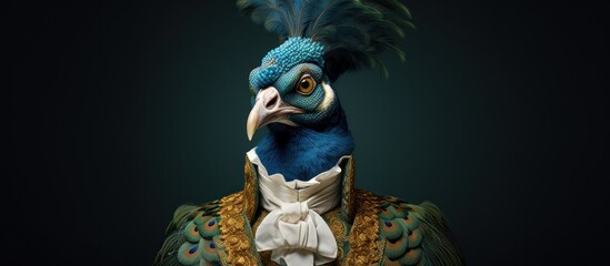 Rendering 3d portrait of a peacock in luxury renaissance clothing. AI generated image - obrazy, fototapety, plakaty